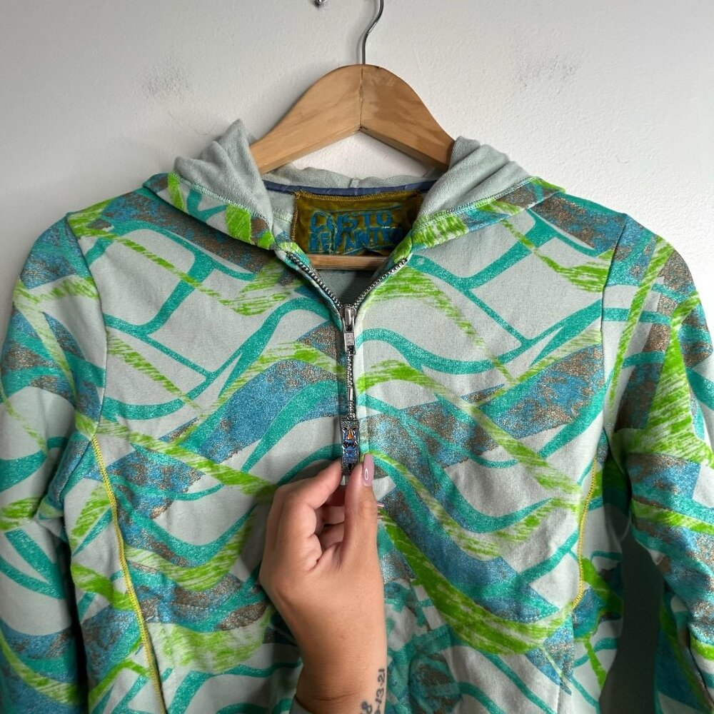 Custo Barcelona Hoodie Womens S/M Green Blue Full Zip Graphic Playa Hermosa Y2K - Picture 2 of 10